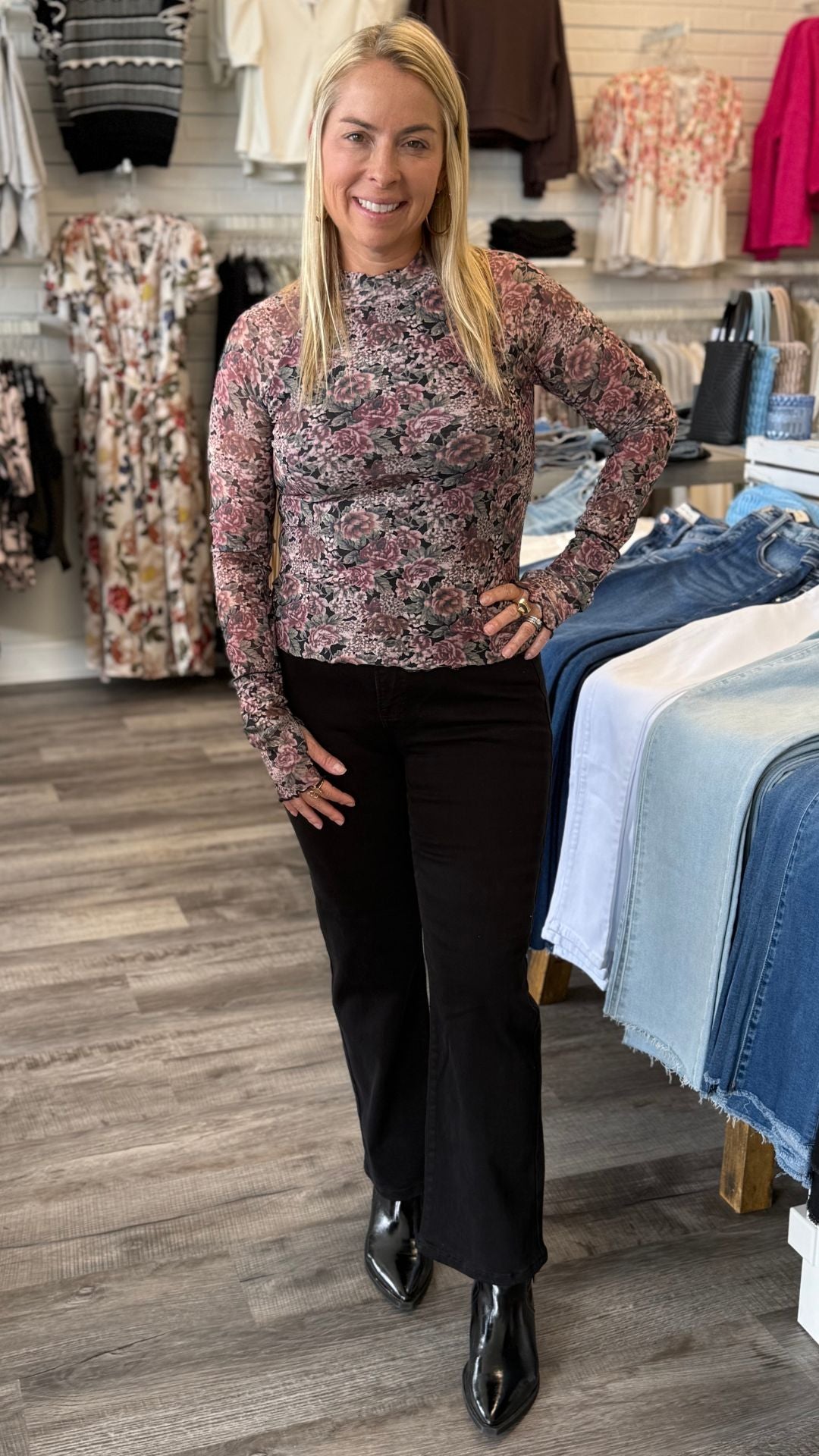Black Floral Print Mesh Mock Neck Top