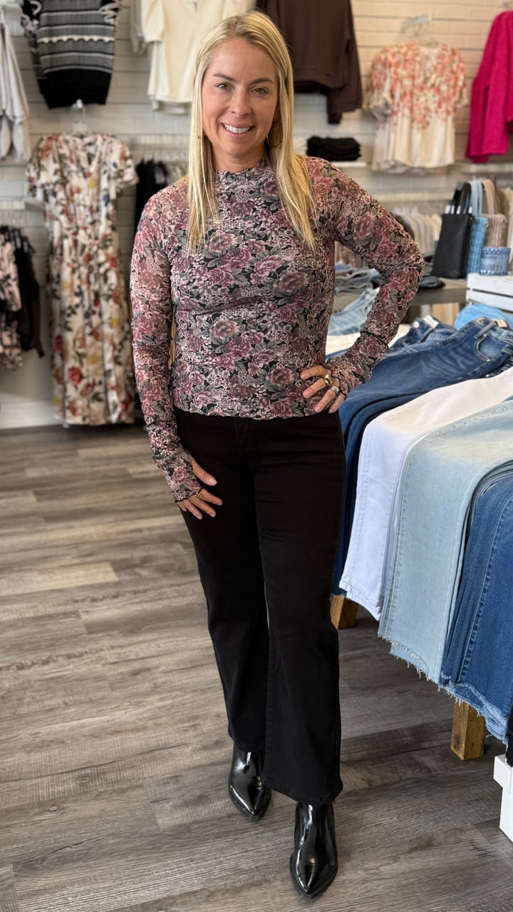 Black Floral Print Mesh Mock Neck Top