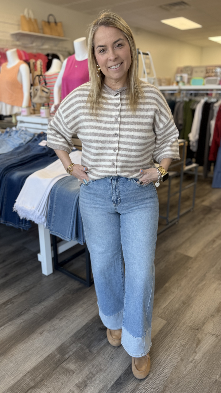 Taupe And Cream Striped Quarter Sleeve Sweater Cardigan