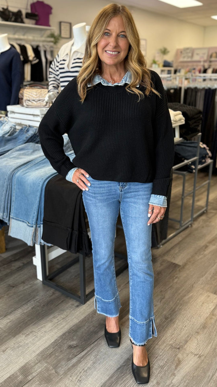 High Rise Medium Wash Trouser Slit Hem Kick Flare Jeans