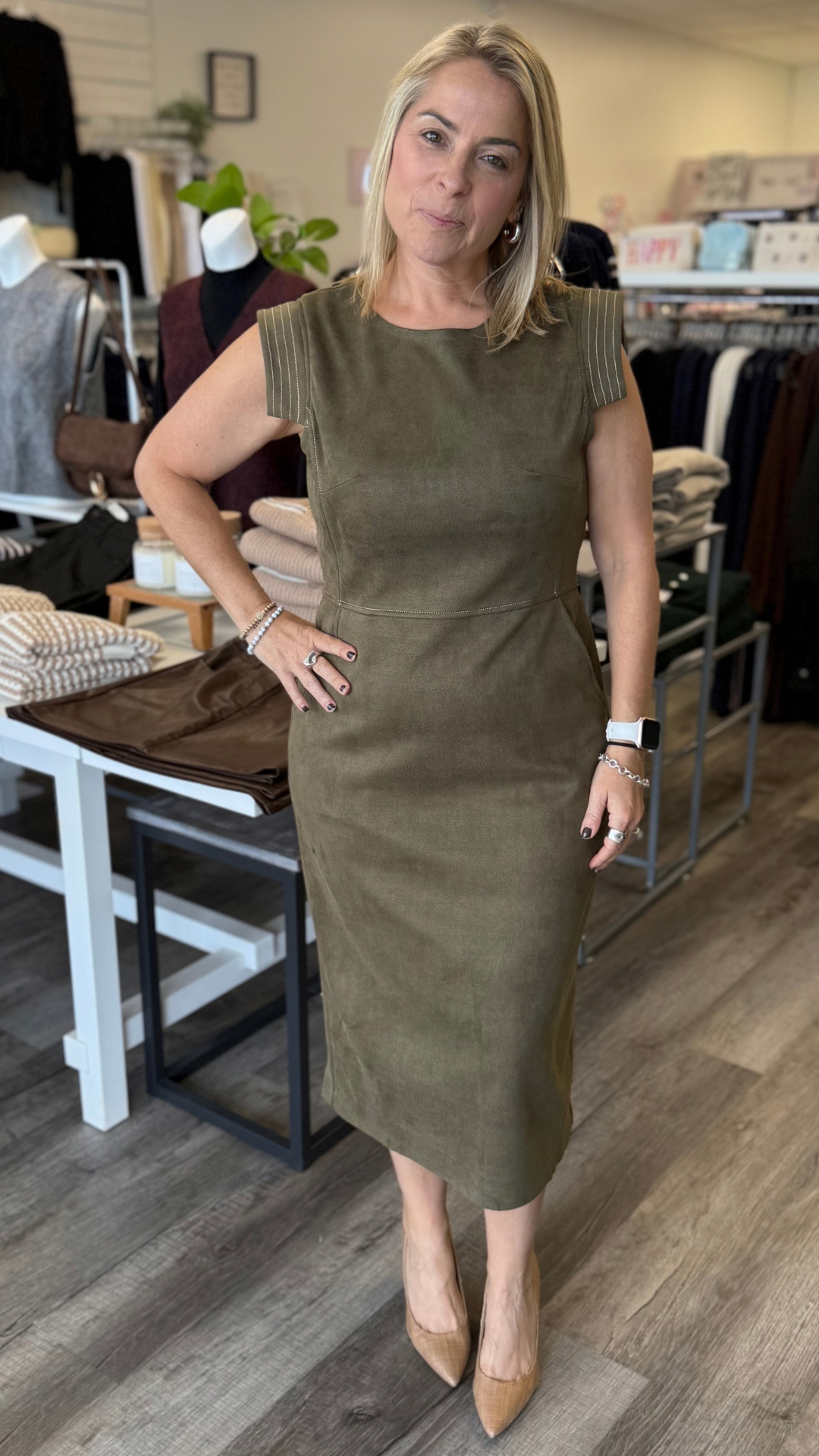 Olive Sleeveless Suede Dress