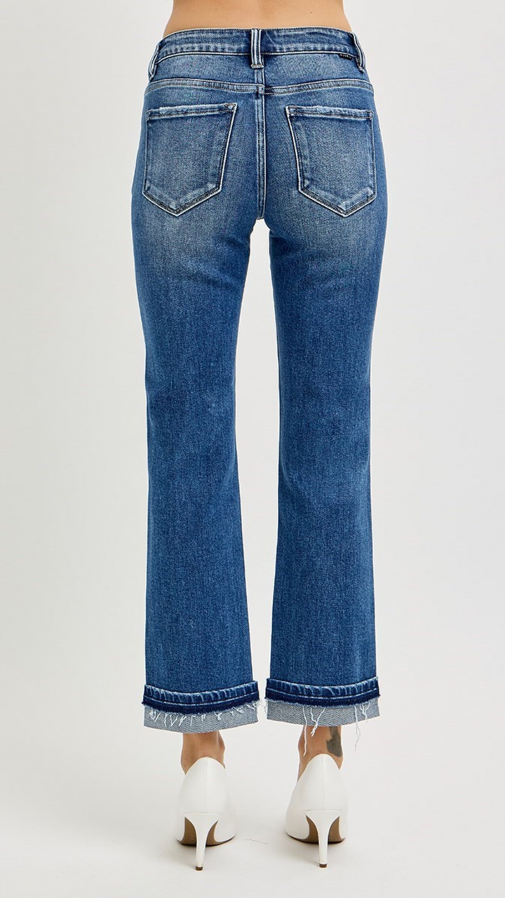 Mid Rise Ankle Straight Cuffed Jeans