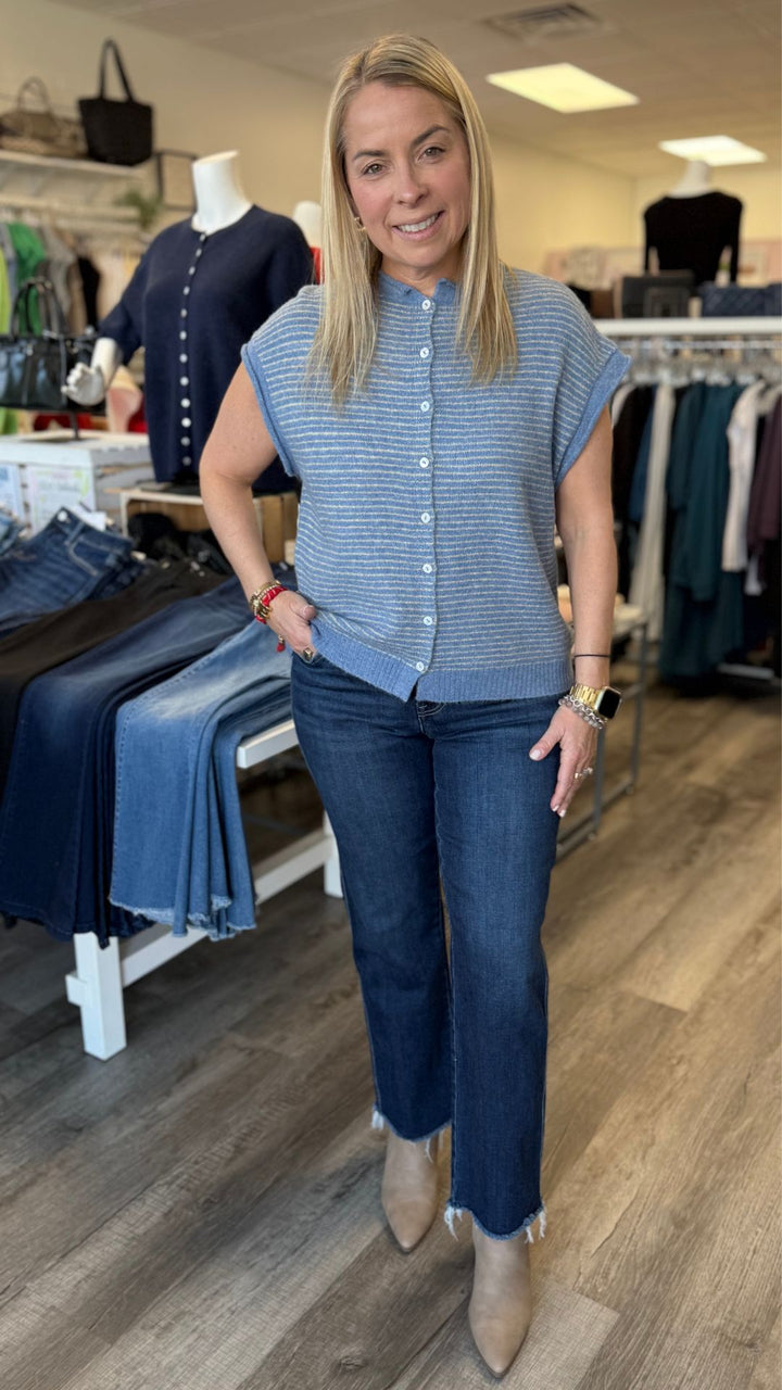 Dusty Blue Pin Striped Piper Vest Cardigan
