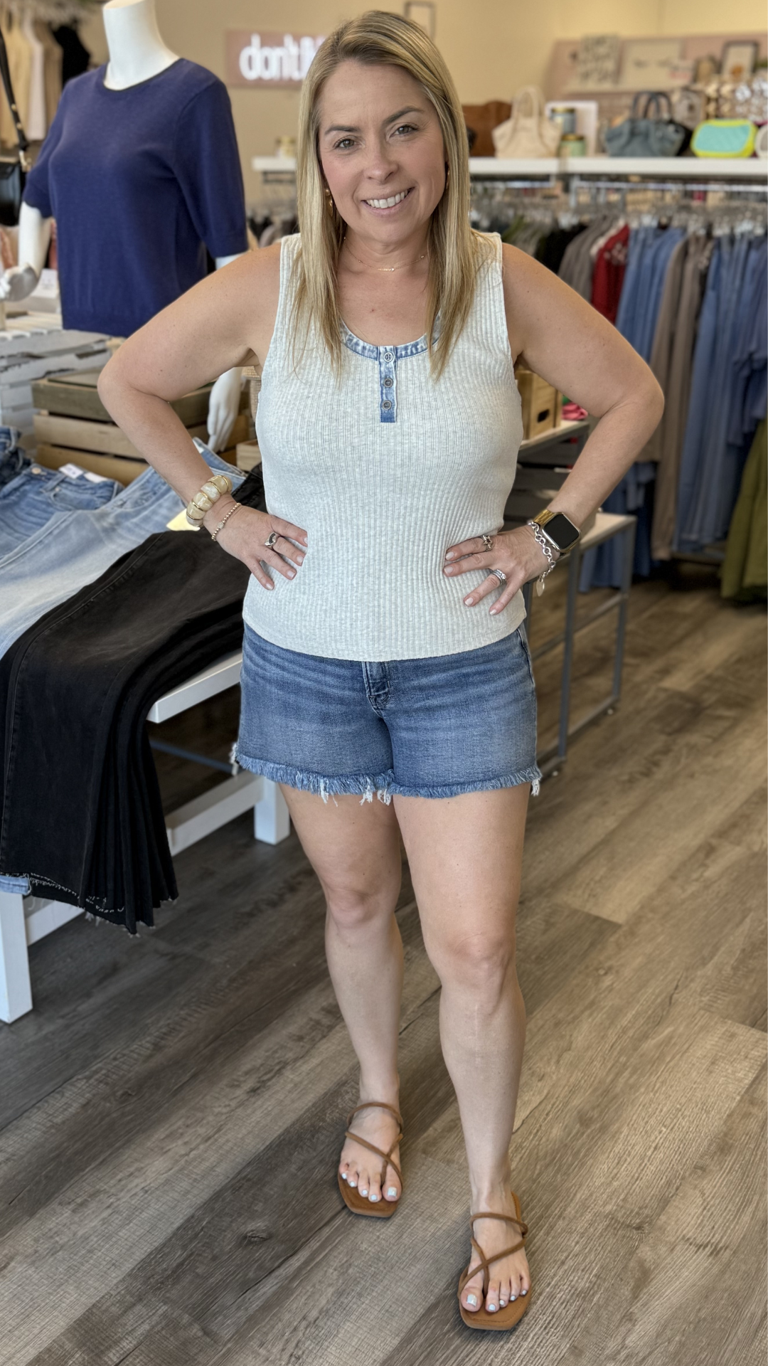 Oatmeal Henley Neck Washed Tank Top