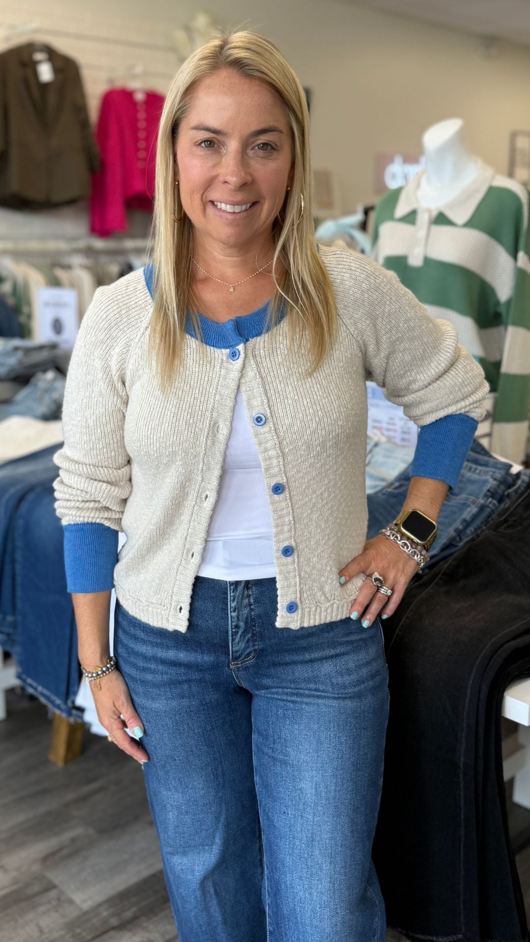 Blue Trim Buttoned Cardigan