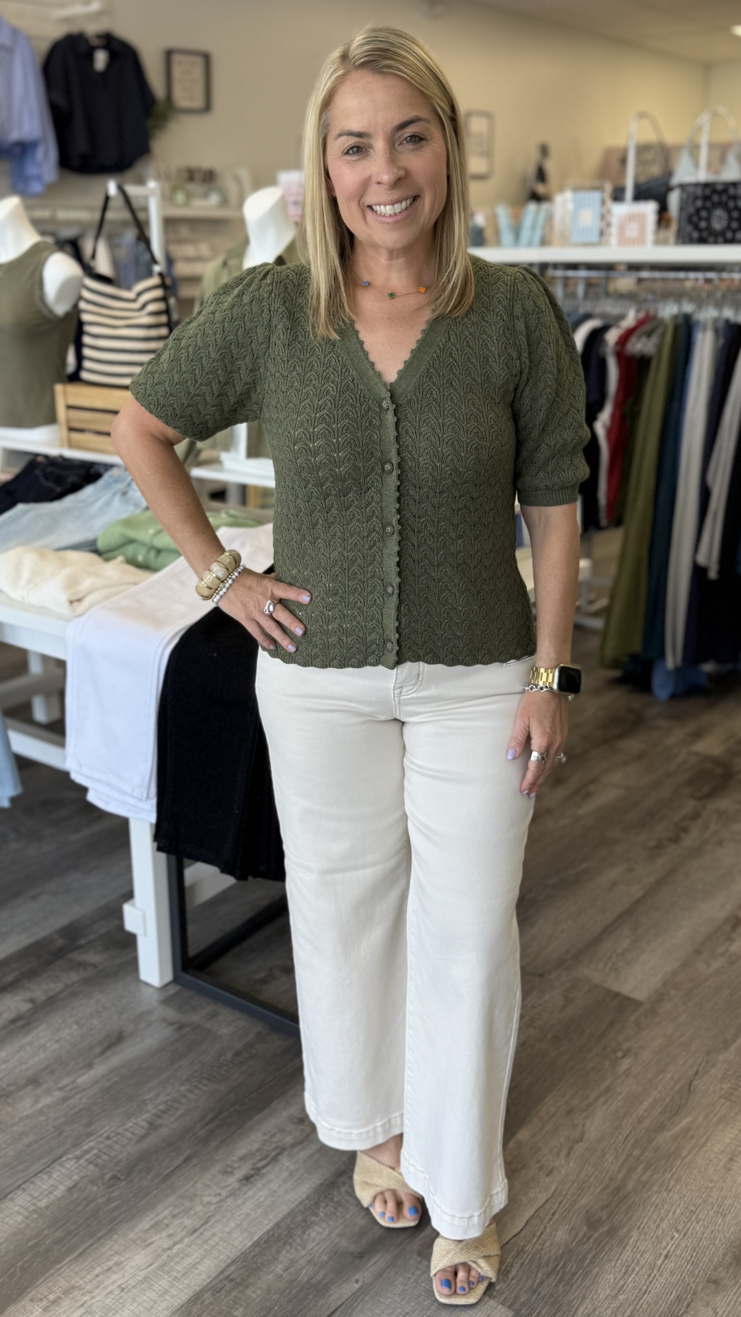 Olive Puff Sleeve Scalloped Edge Top