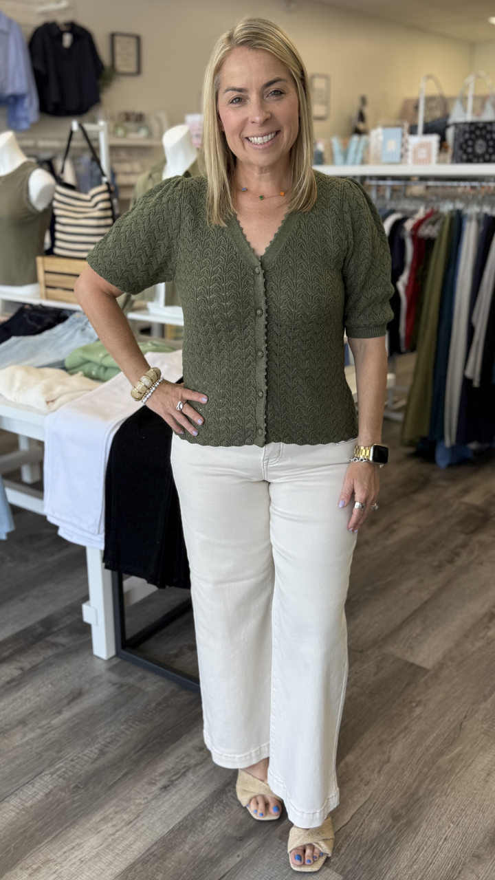 Olive Puff Sleeve Scalloped Edge Top