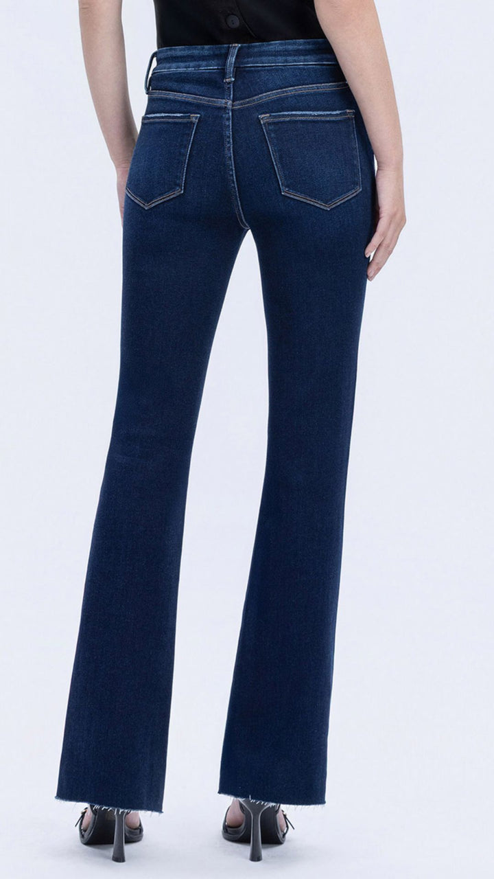 High Rise Dark Wash Full Length Seamless Waistband Raw Hem Bootcut Jeans