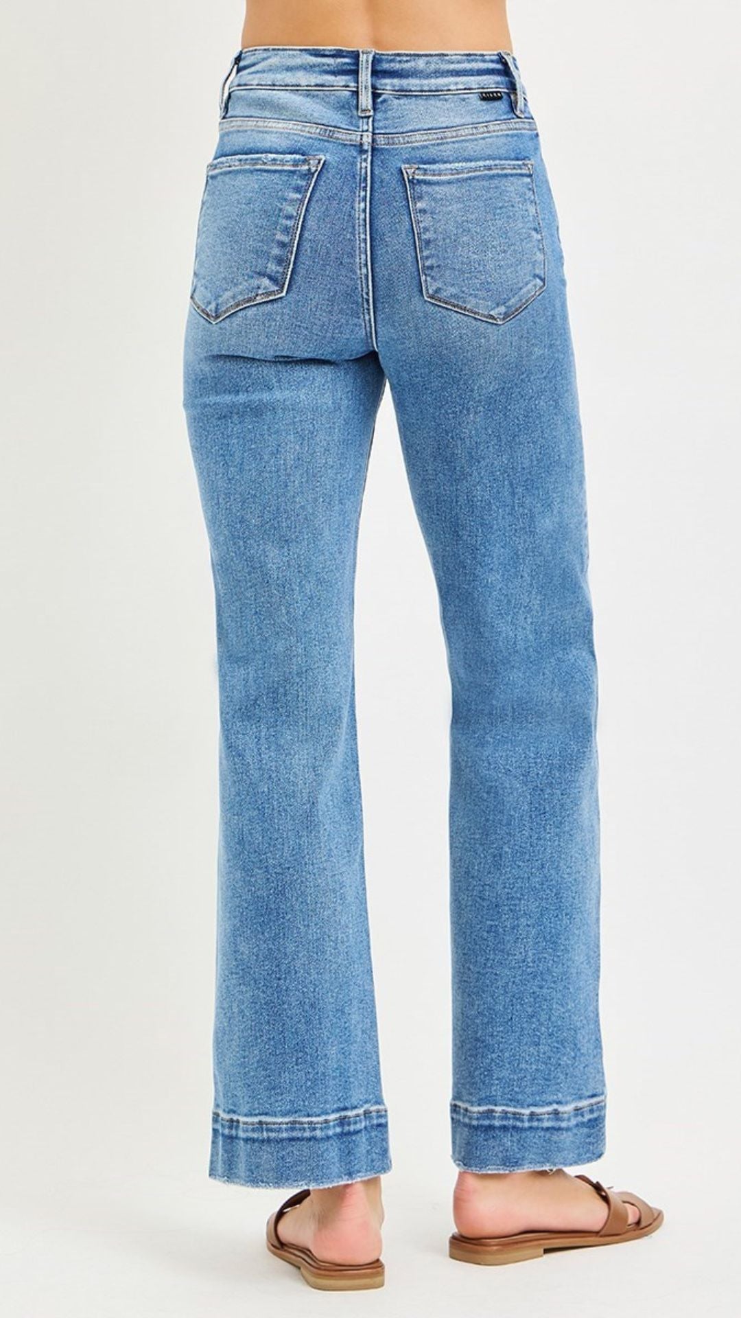 High Rise Light Wash Trouser Hem Straight Jeans