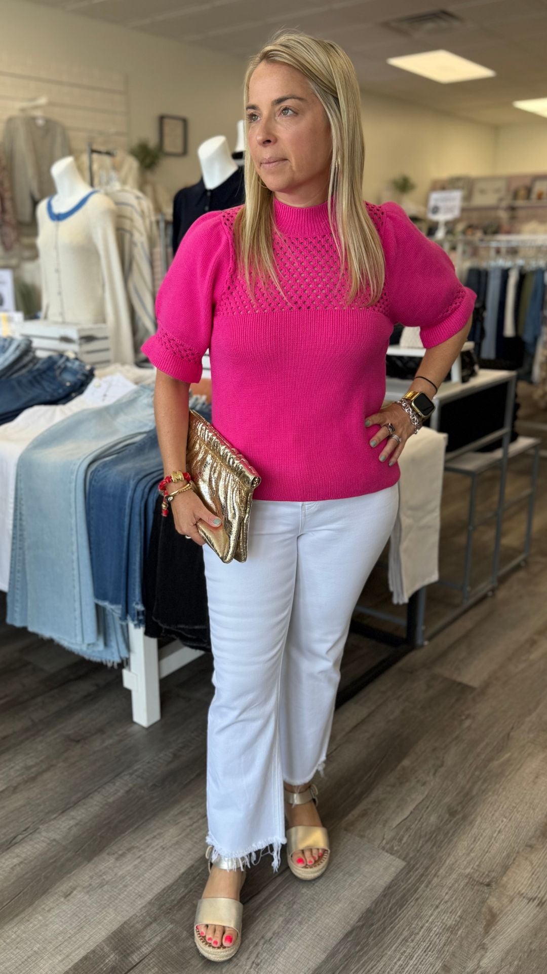 Magenta Pointelle Knit Puff Sleeve Top