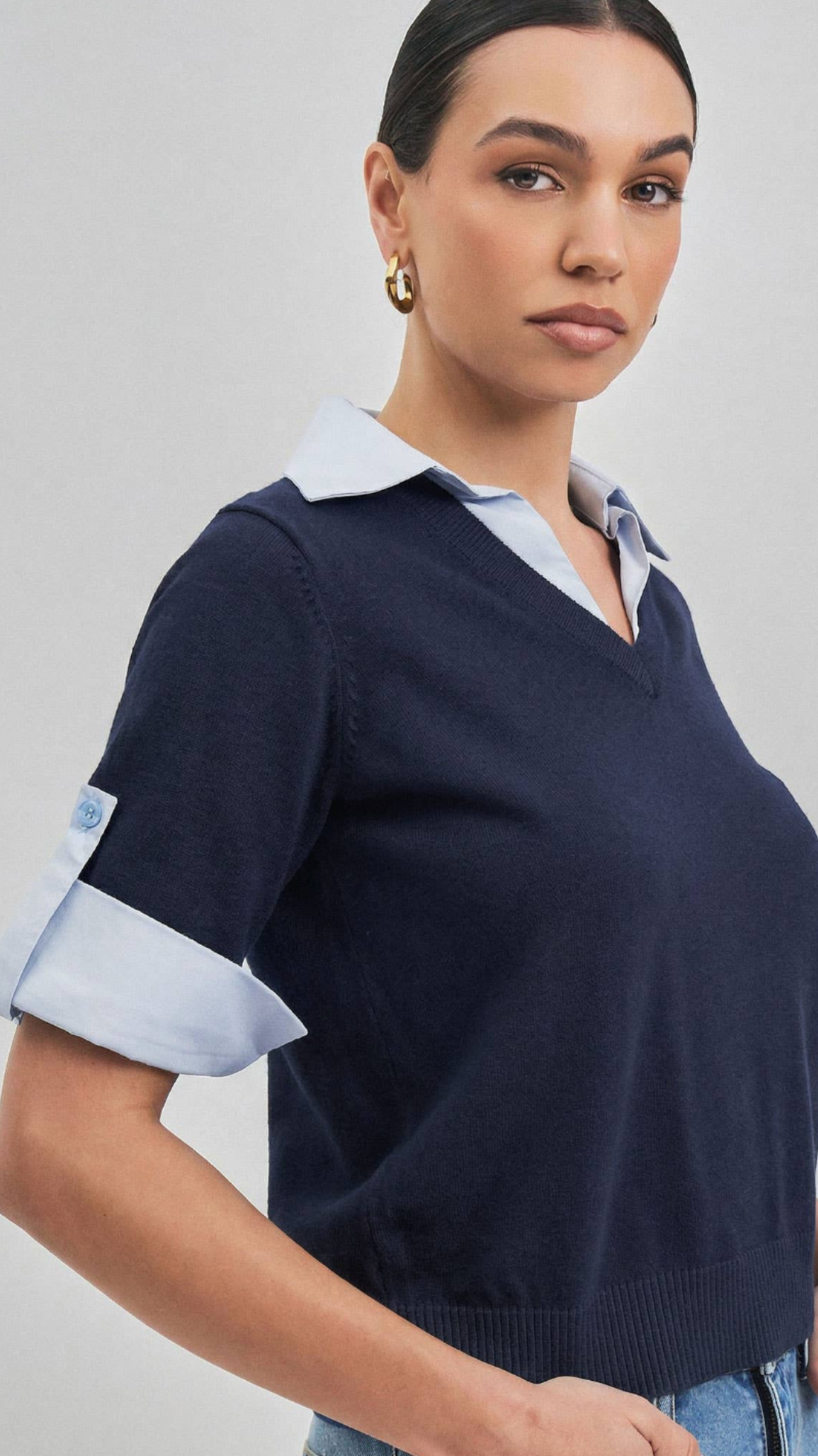 Navy Layered Look Short Sleeve Sweater Top