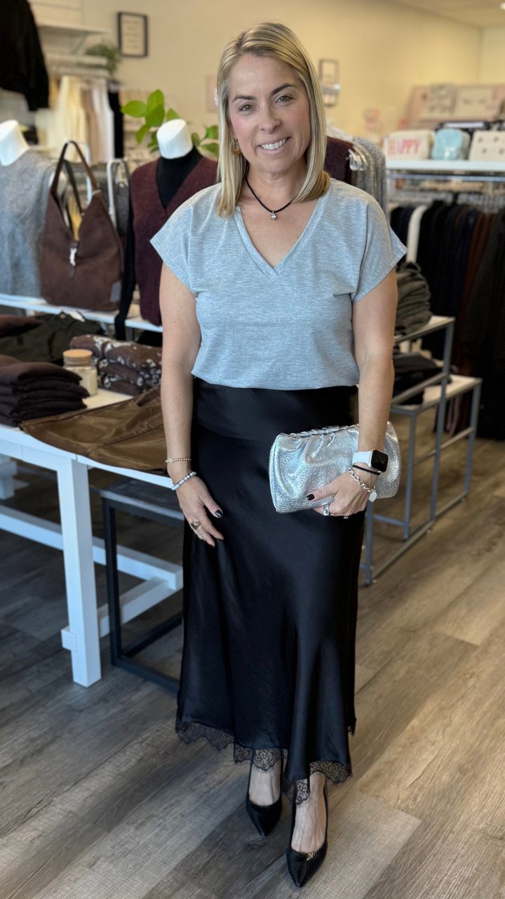 Silver Shiny V Neck Tee