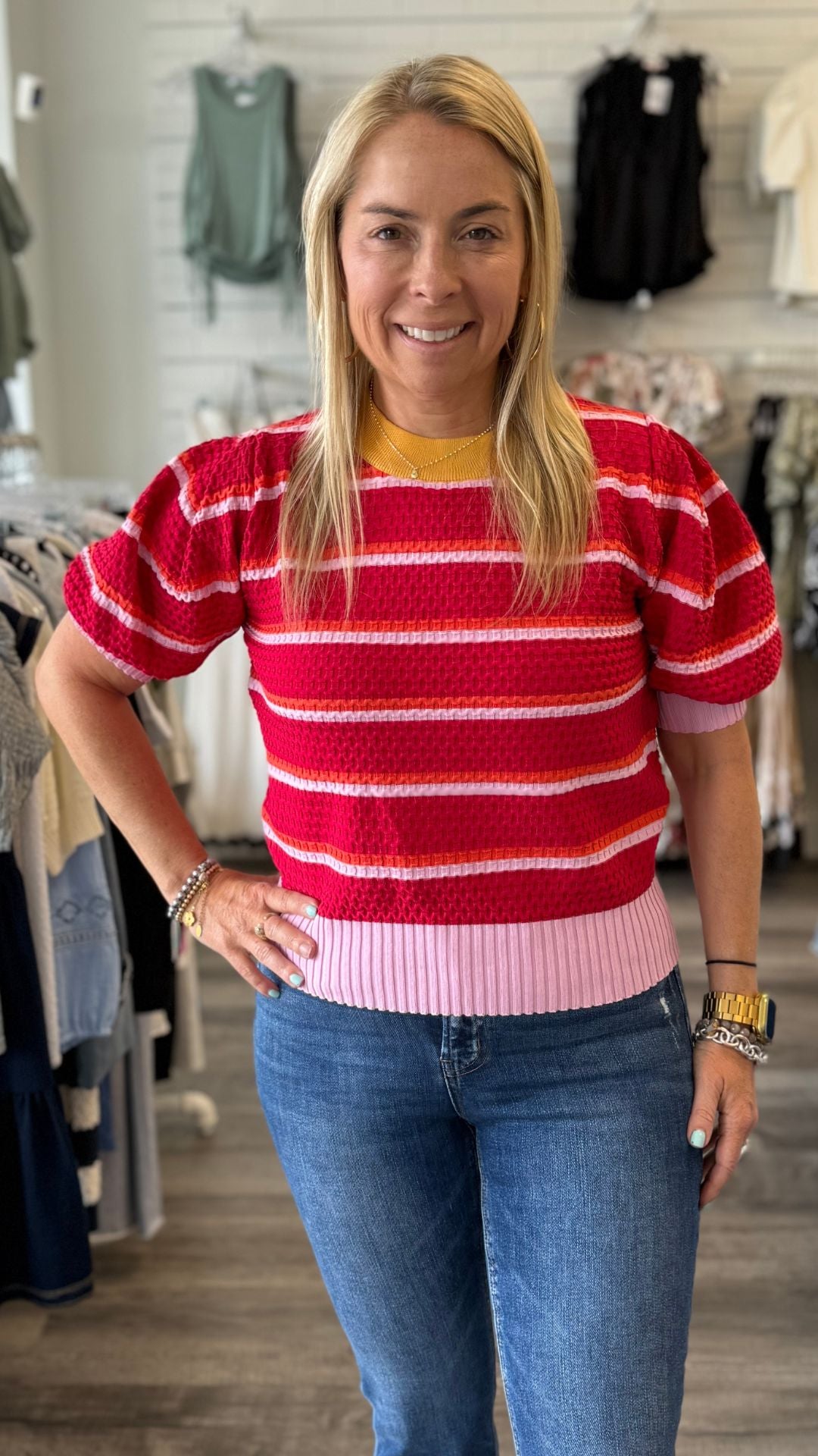 Textured Stripe Knit Crew Neck Short Sleeve Sweater