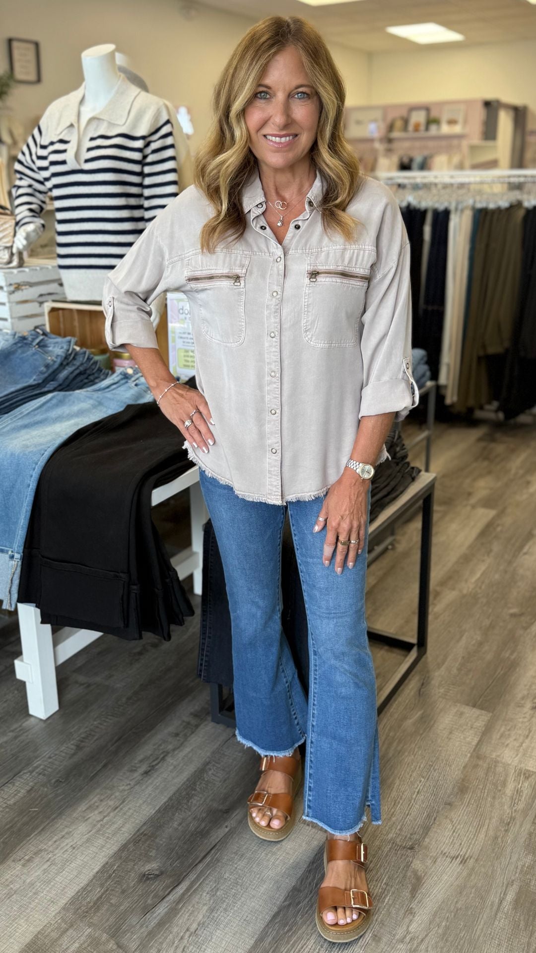 Foxglove Pigment Knapp Distressed Cargo Button Up Top