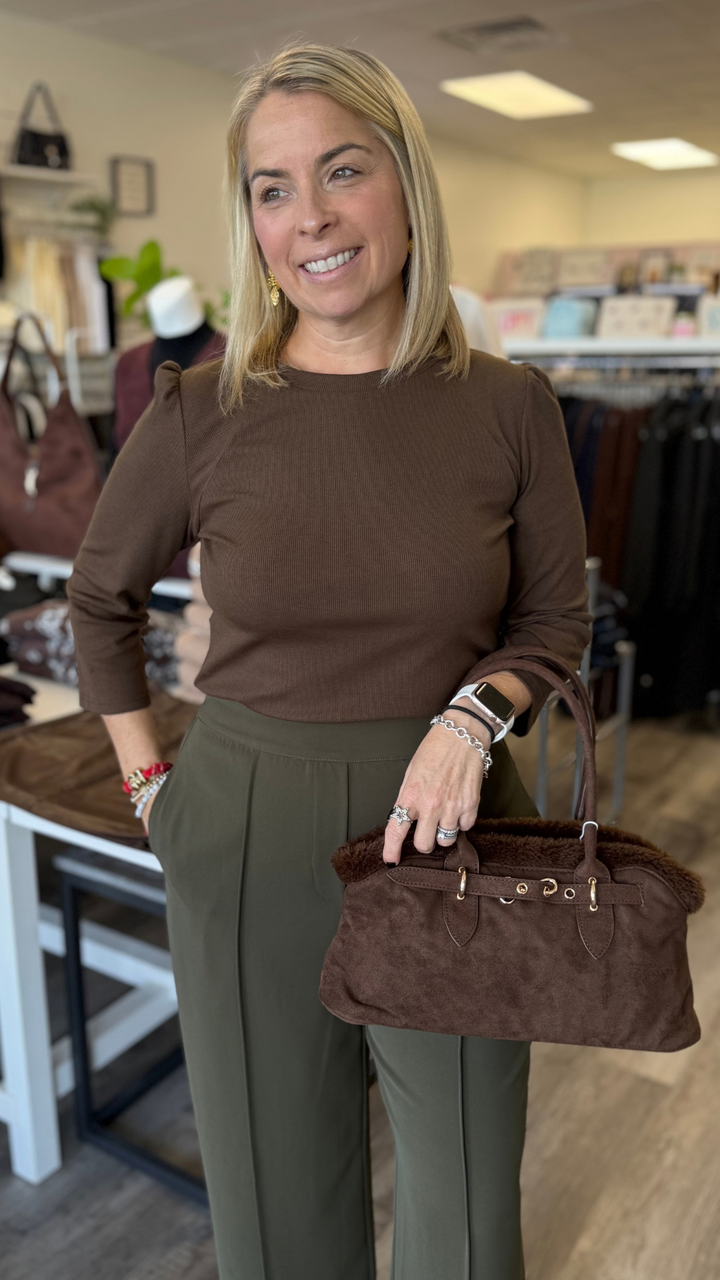 Brown Puff Sleeve Knit Top