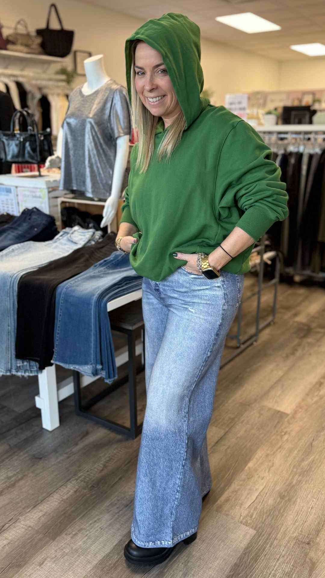 Green Bubble Hem Hoodie Sweatshirt