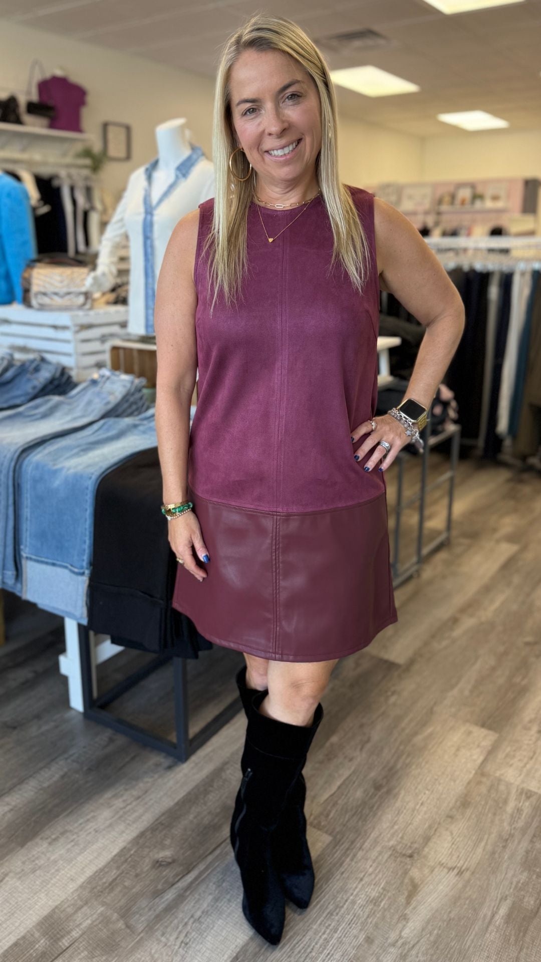 Burgundy Sleeveless Mixed Media Dress