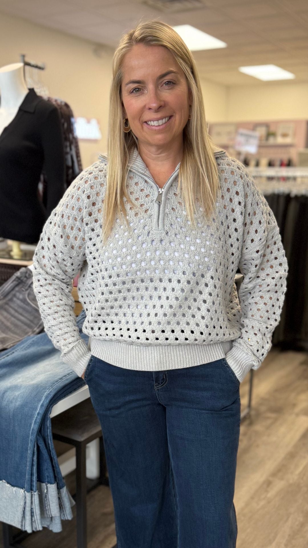 Gray Half Zip Open Knit Sweater