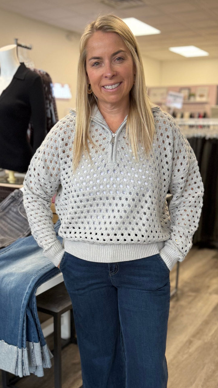 Gray Half Zip Open Knit Sweater