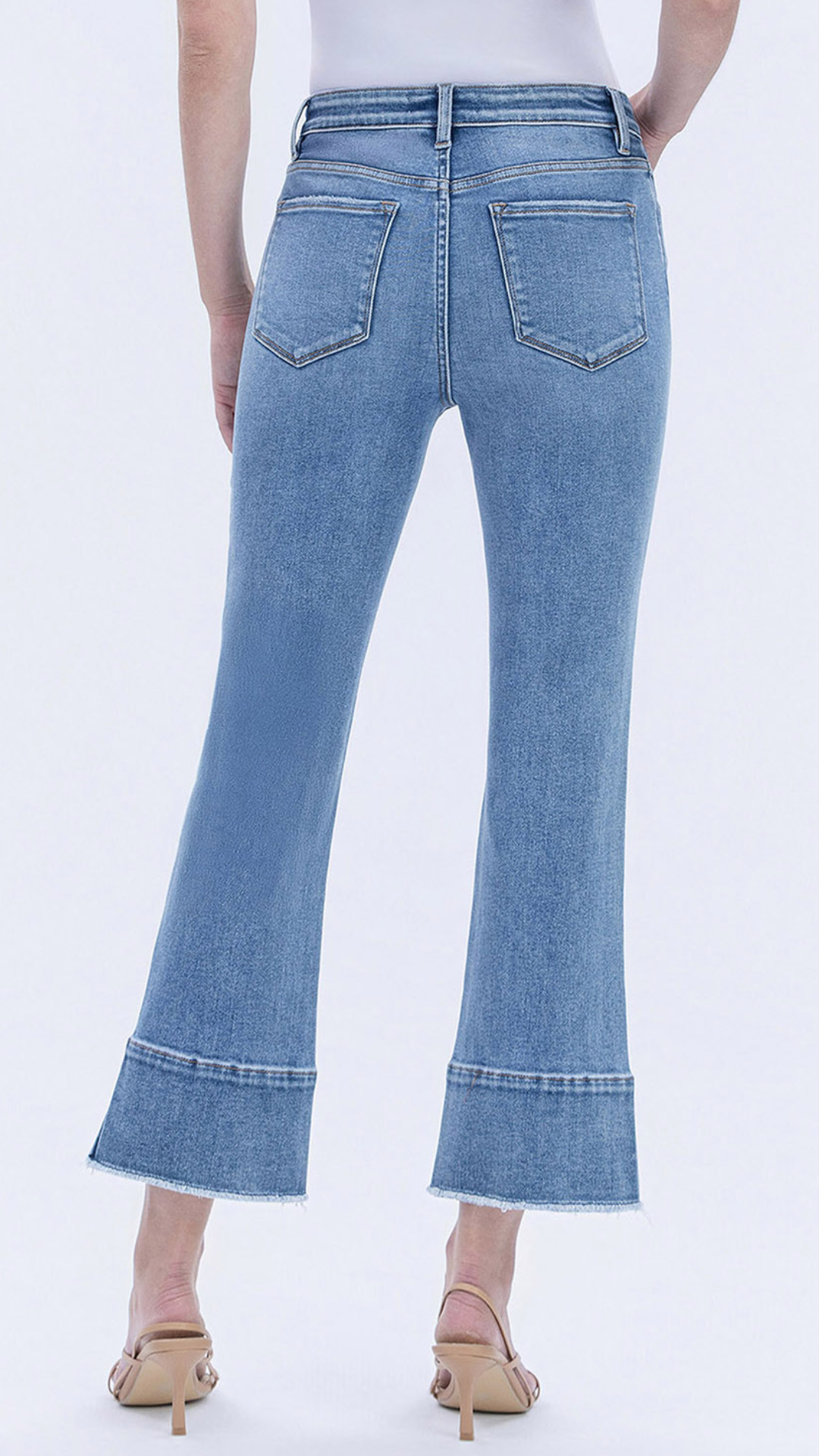 High Rise Medium Wash Trouser Slit Hem Kick Flare Jeans