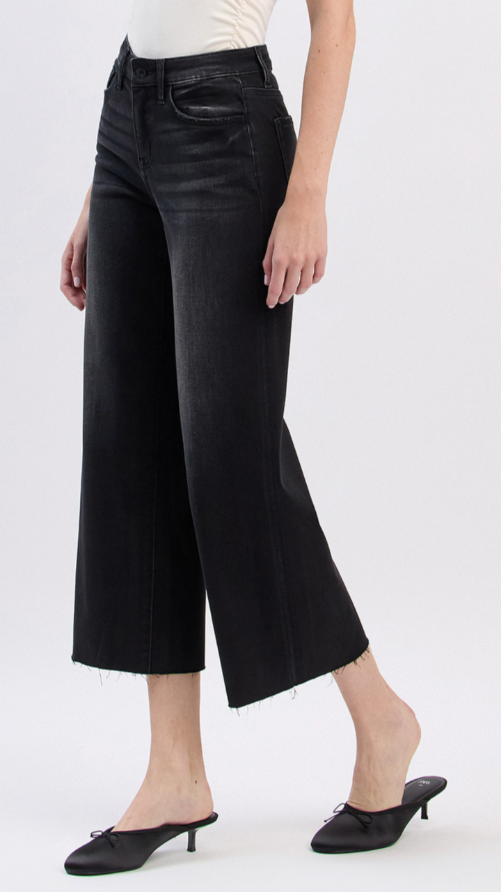 High Rise Black Crop Slim Wide Leg Jeans