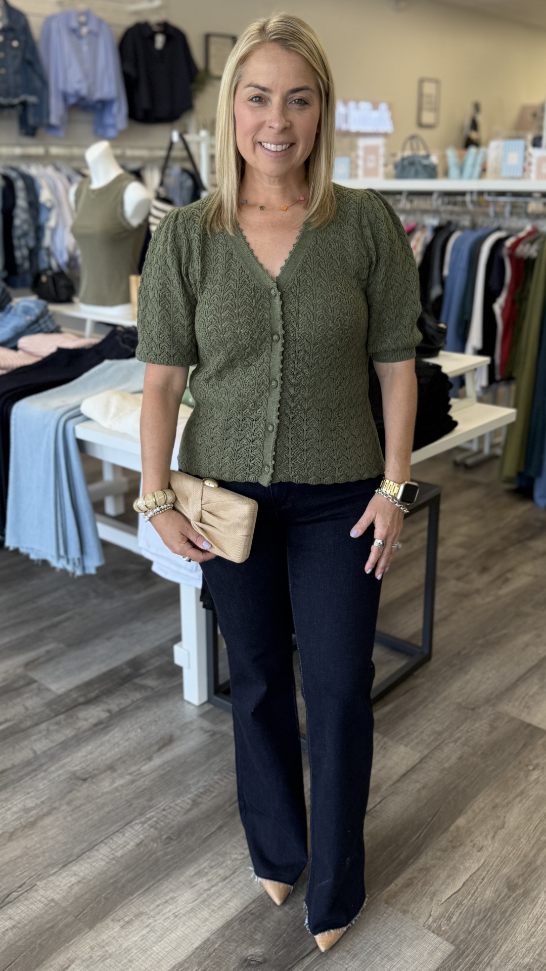 Olive Puff Sleeve Scalloped Edge Top