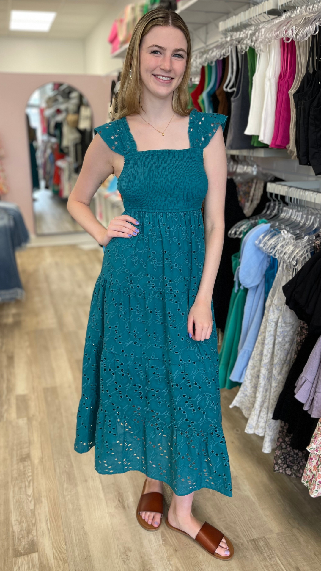 Embroidered Eyelet Smocked Tiered Maxi Dress