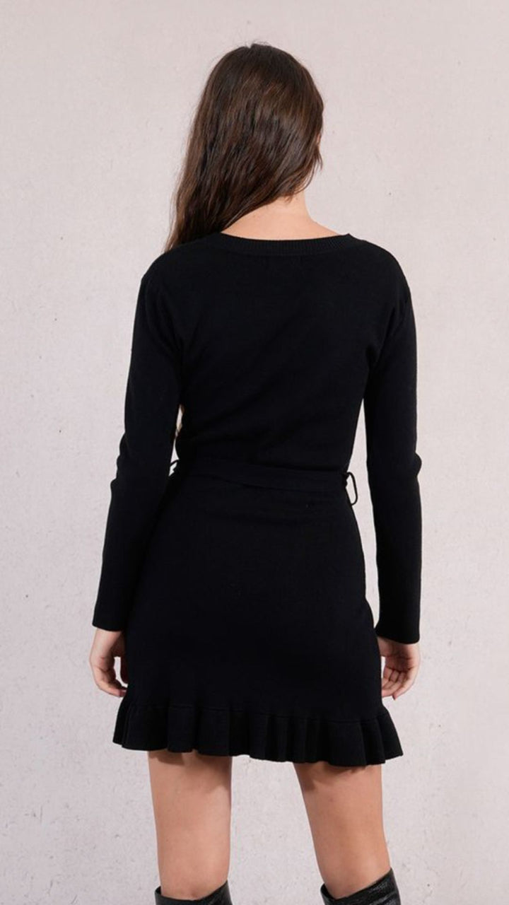 Black Knit Sweater Dress With Tie