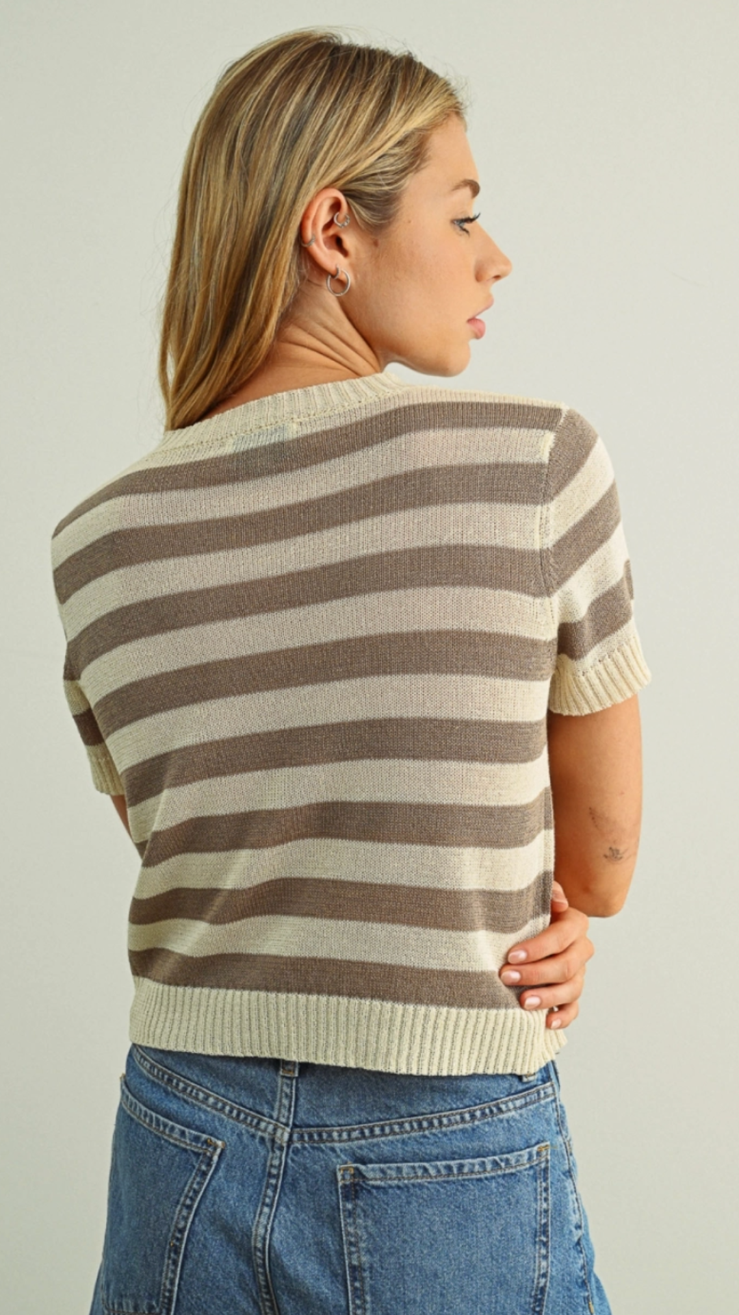 Mocha Striped Knitted Short Sleeve Top