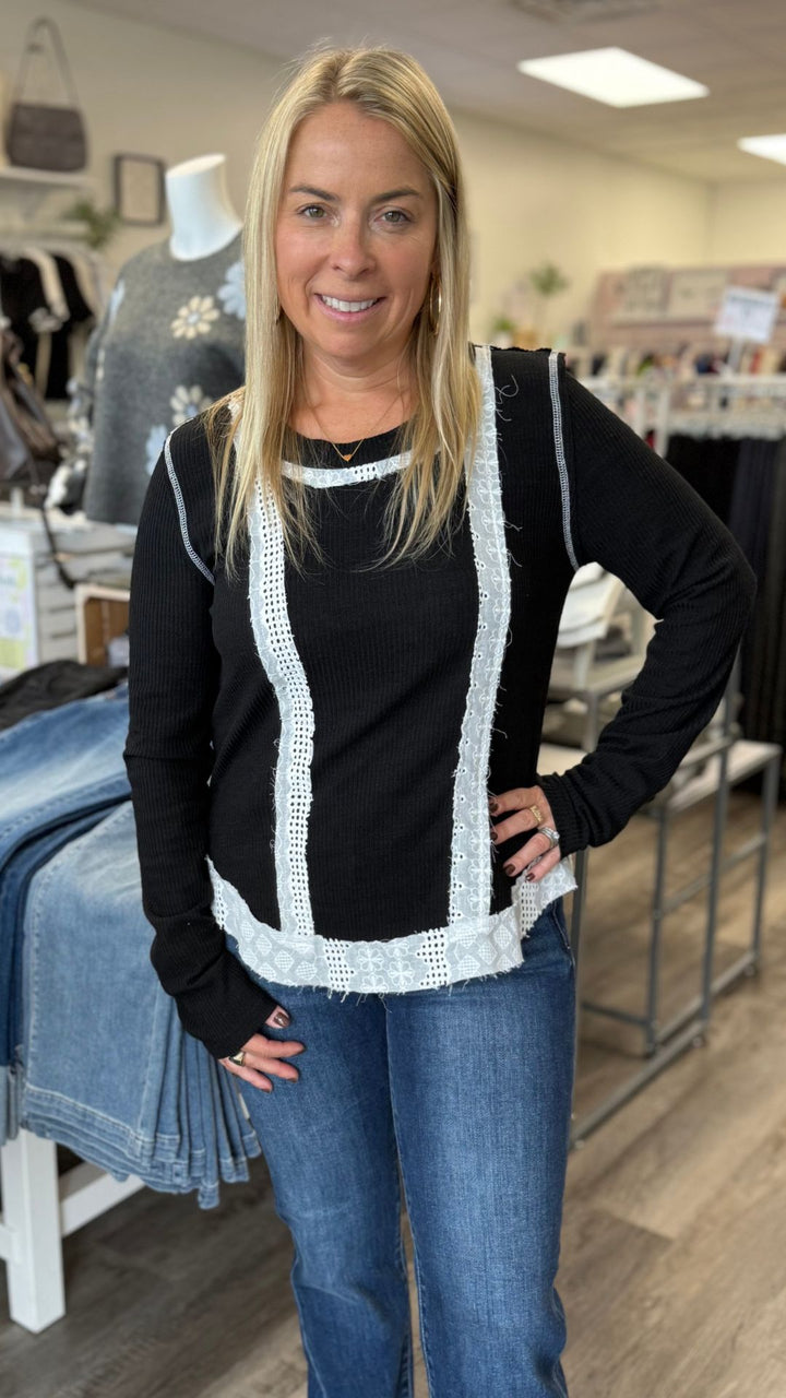 Black Raw Edge Eyelet Patch Ribbed Knit Top