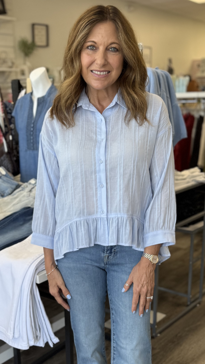 Ruffle Sleeve Embroidered Pintuck Button Down Top