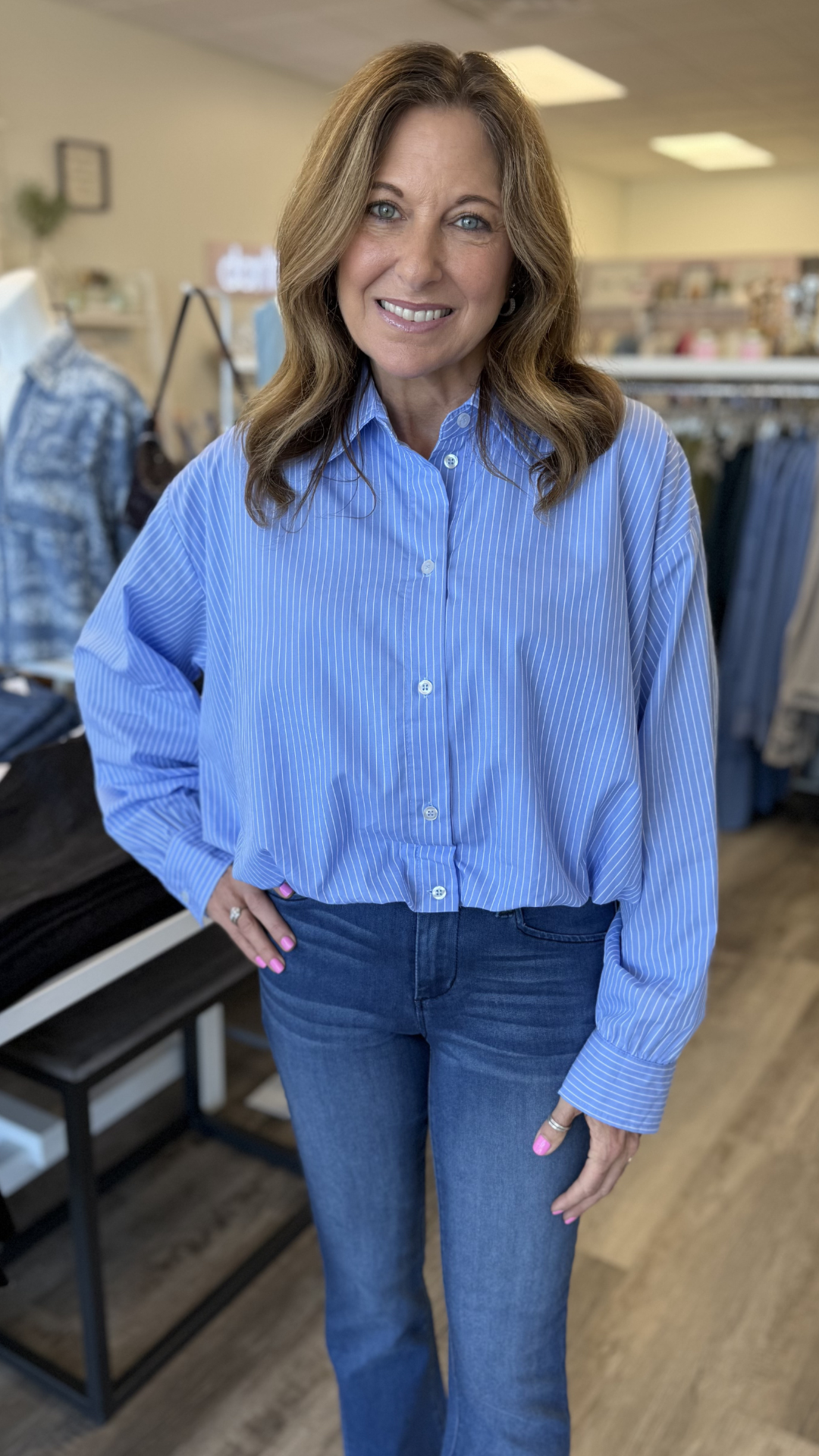 Striped Pattern Balloon Hem Buttondown Top