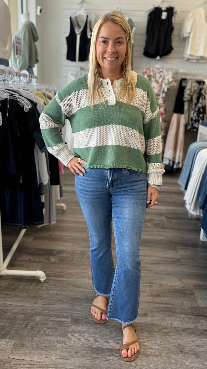Beige And Green Stripe Collar Neck Sweater