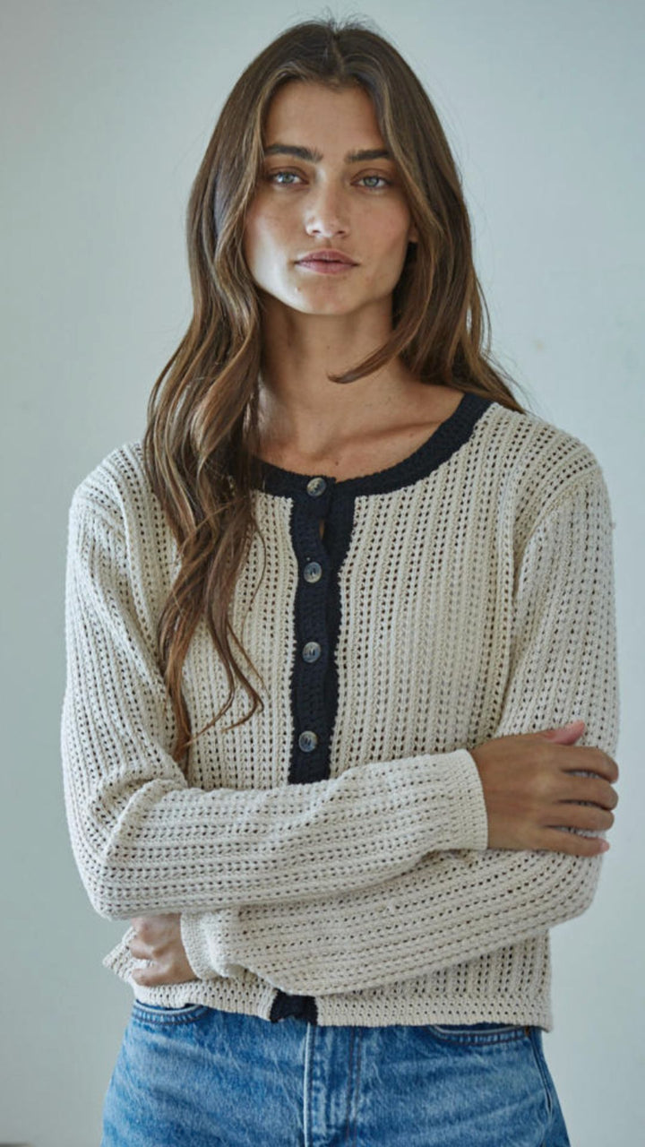 Natural Open Knit Cardigan With Black Trim