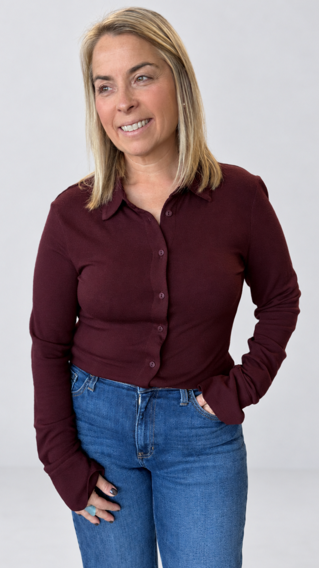 Burgundy Soft Long Sleeve Henley Knit Top