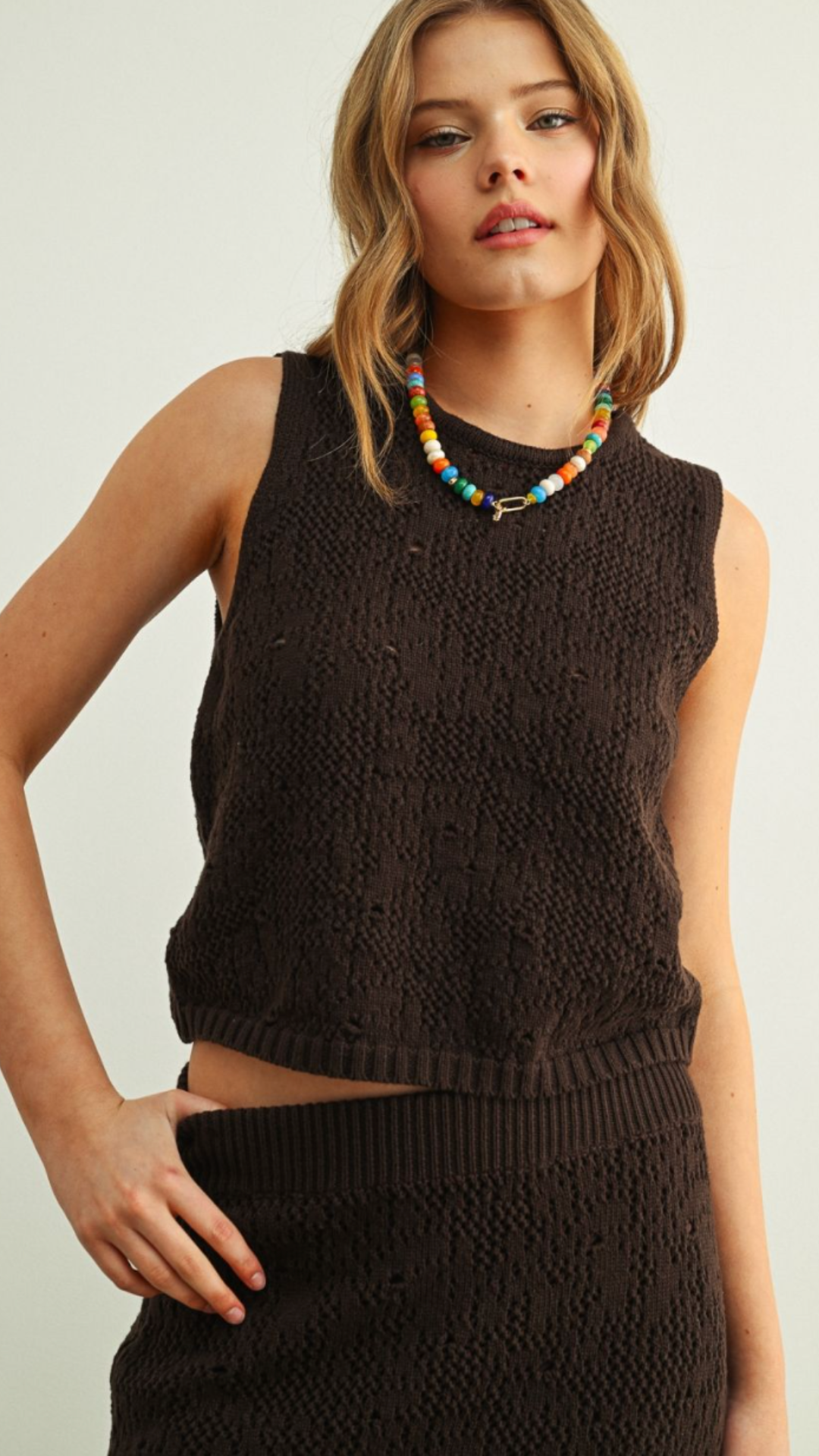 Chocolate Crochet Knit Top And Skirt Set