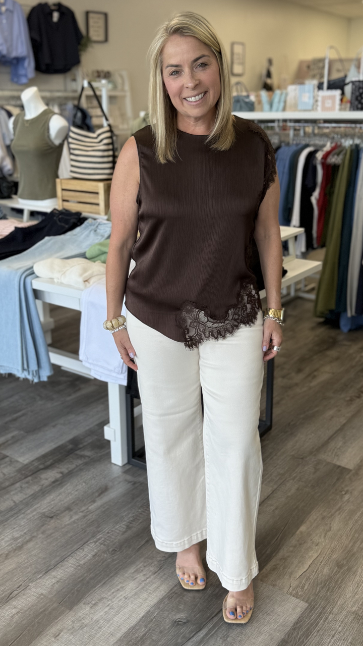 Sleeveless Lace Trim Asymmetrical Top