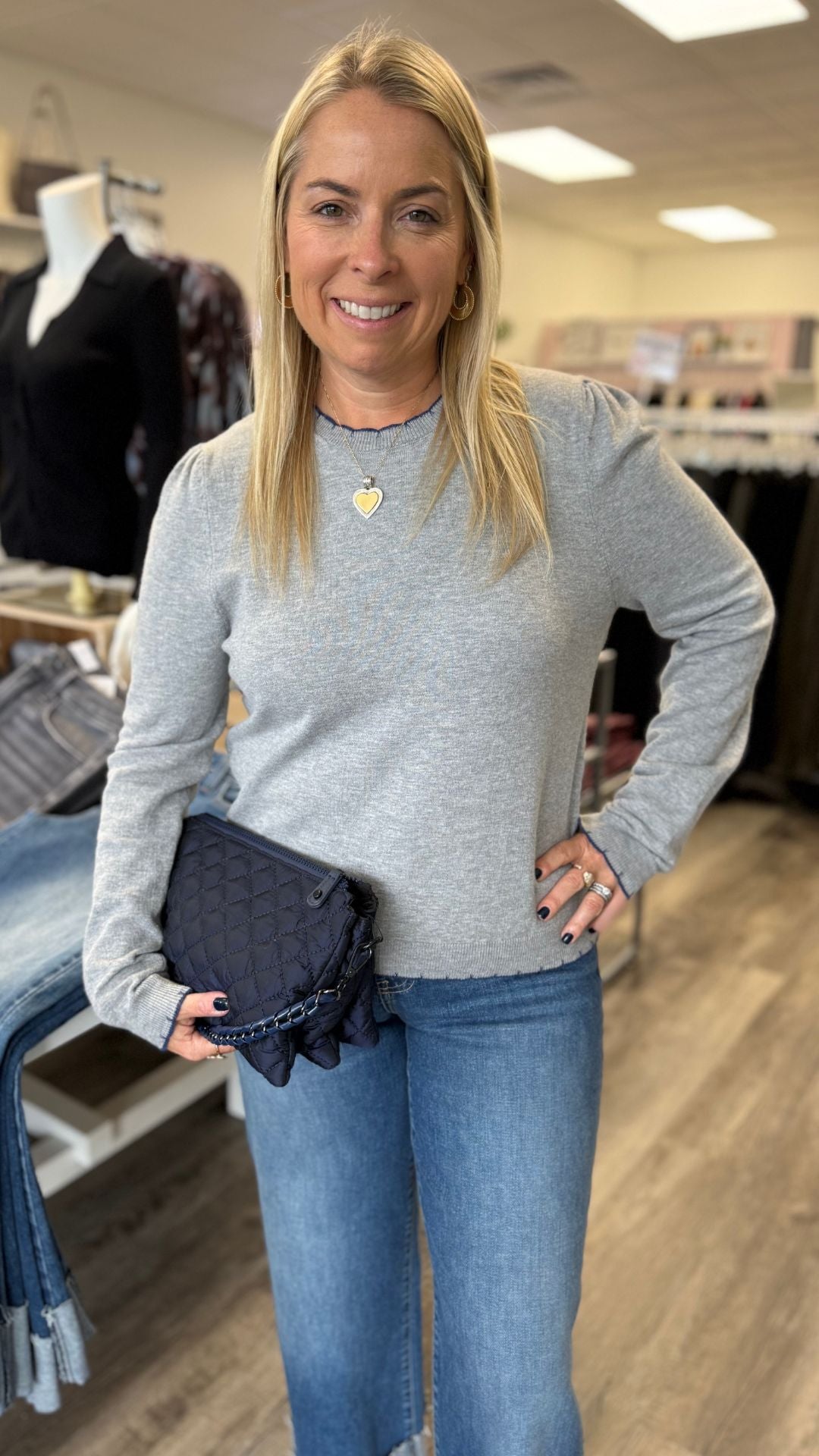 Heather Gray And Blue Contrast Knit Scalloped Edge Sweater