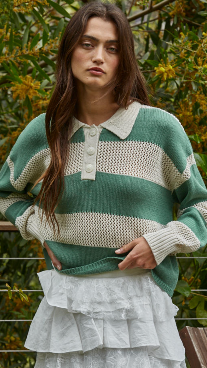 Beige And Green Stripe Collar Neck Sweater