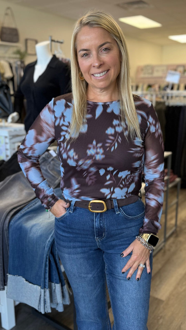 Brown And Blue Floral Mesh Top