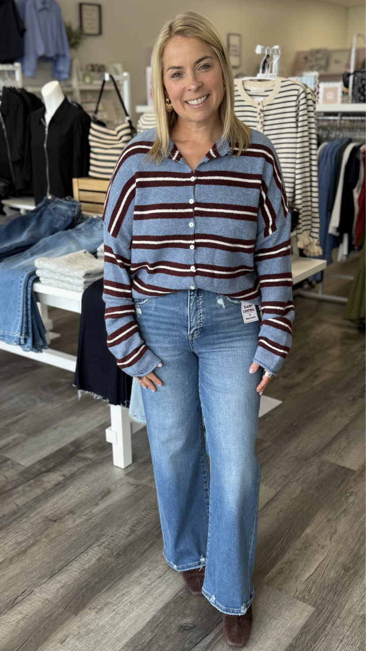 High Rise Tummy Control Medium Wash Crop Wide Leg Jeans