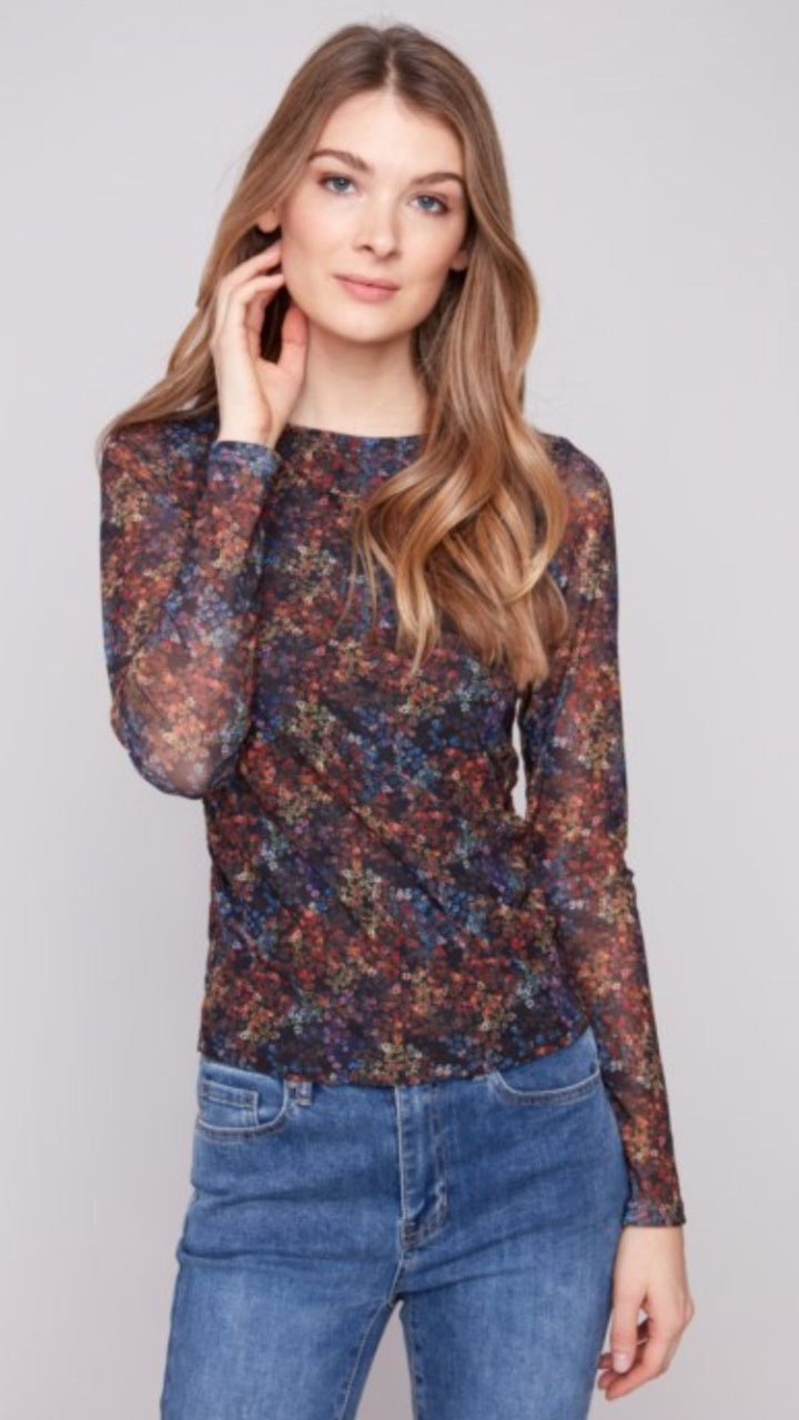 Dark Floral Printed Mesh Top With Gathering At Sides