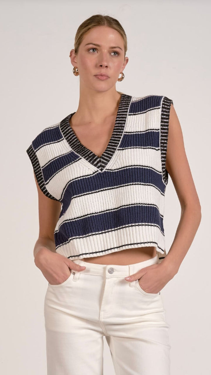 White Navy Stripe Sleeveless Sweater Vest