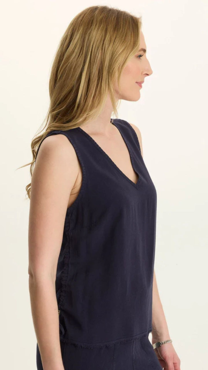 Navy Ileana Cinched Soft Twill V-Neck Tank
