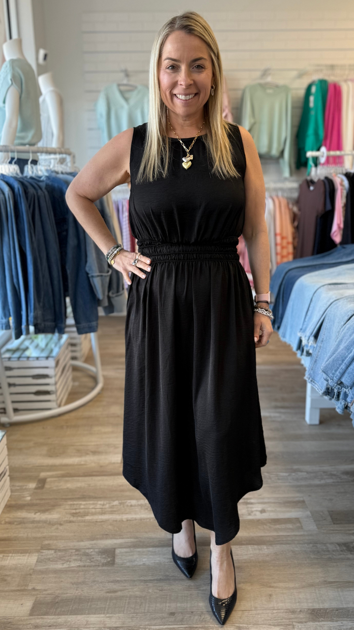 Black Dress With Elastic Rushed Waistband