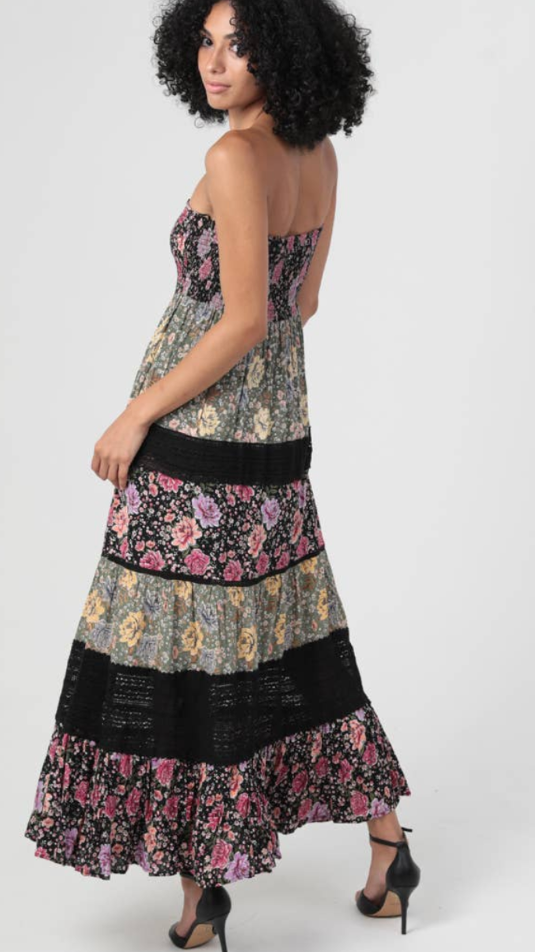 Mixed Print Lace Trim Smocked Bodice Maxi Dress