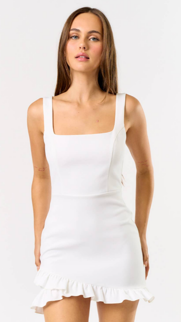 White Ruffled Square Neck Mini Dress