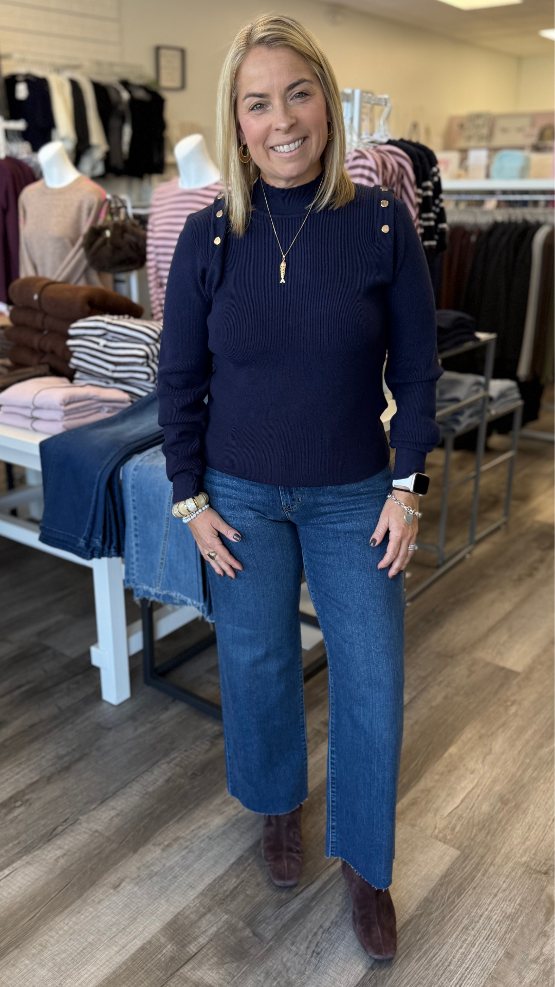 Navy Blue Buttoned Detail Sweater