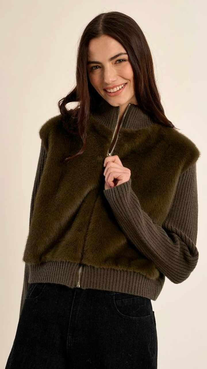 Olive Fur Long Sleeve Funnel Neck Jacket