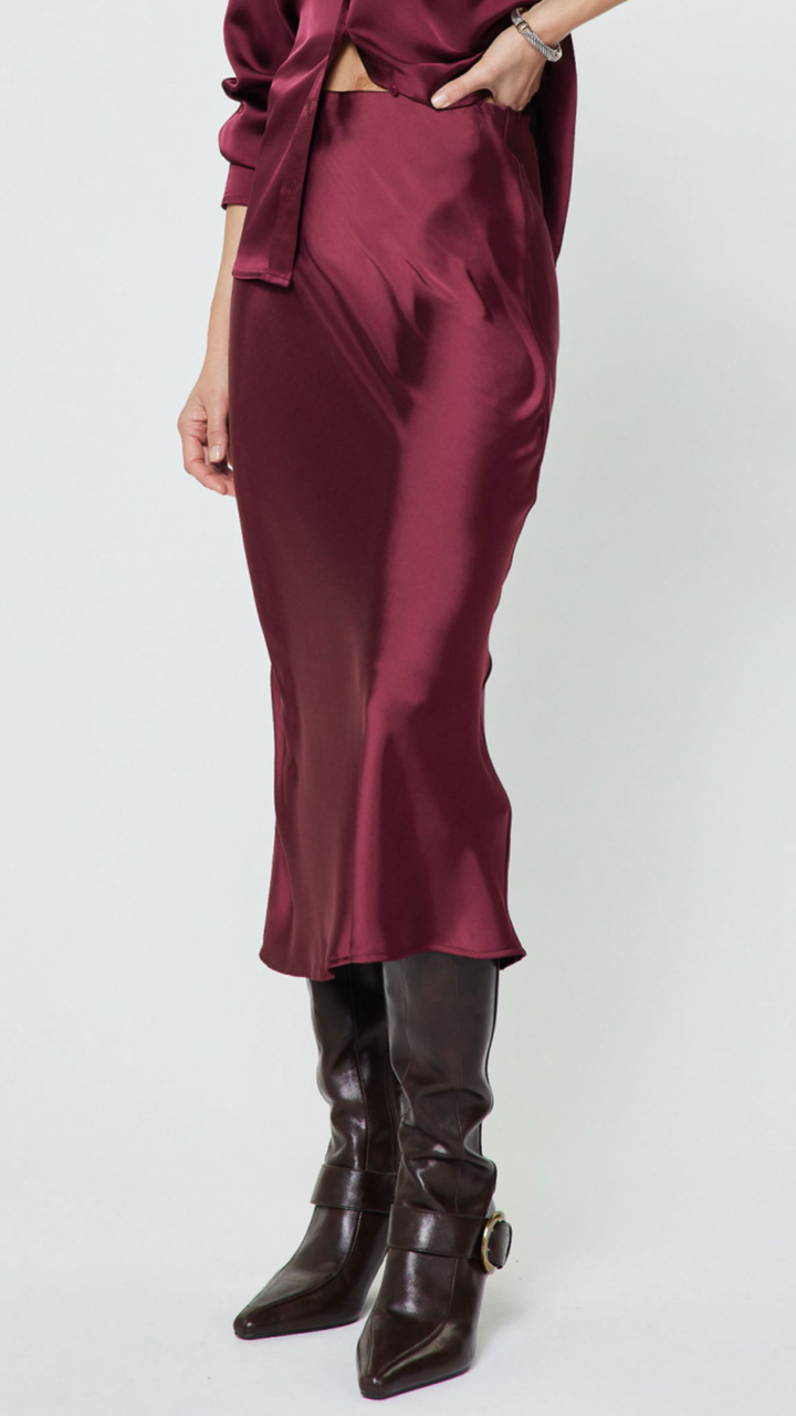 Burgundy Silk Midi Skirt